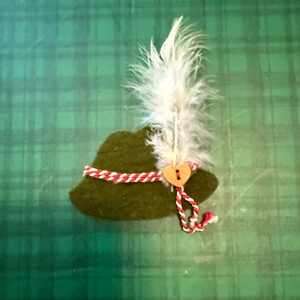 Handmade Wool Pin, German hat with feather.